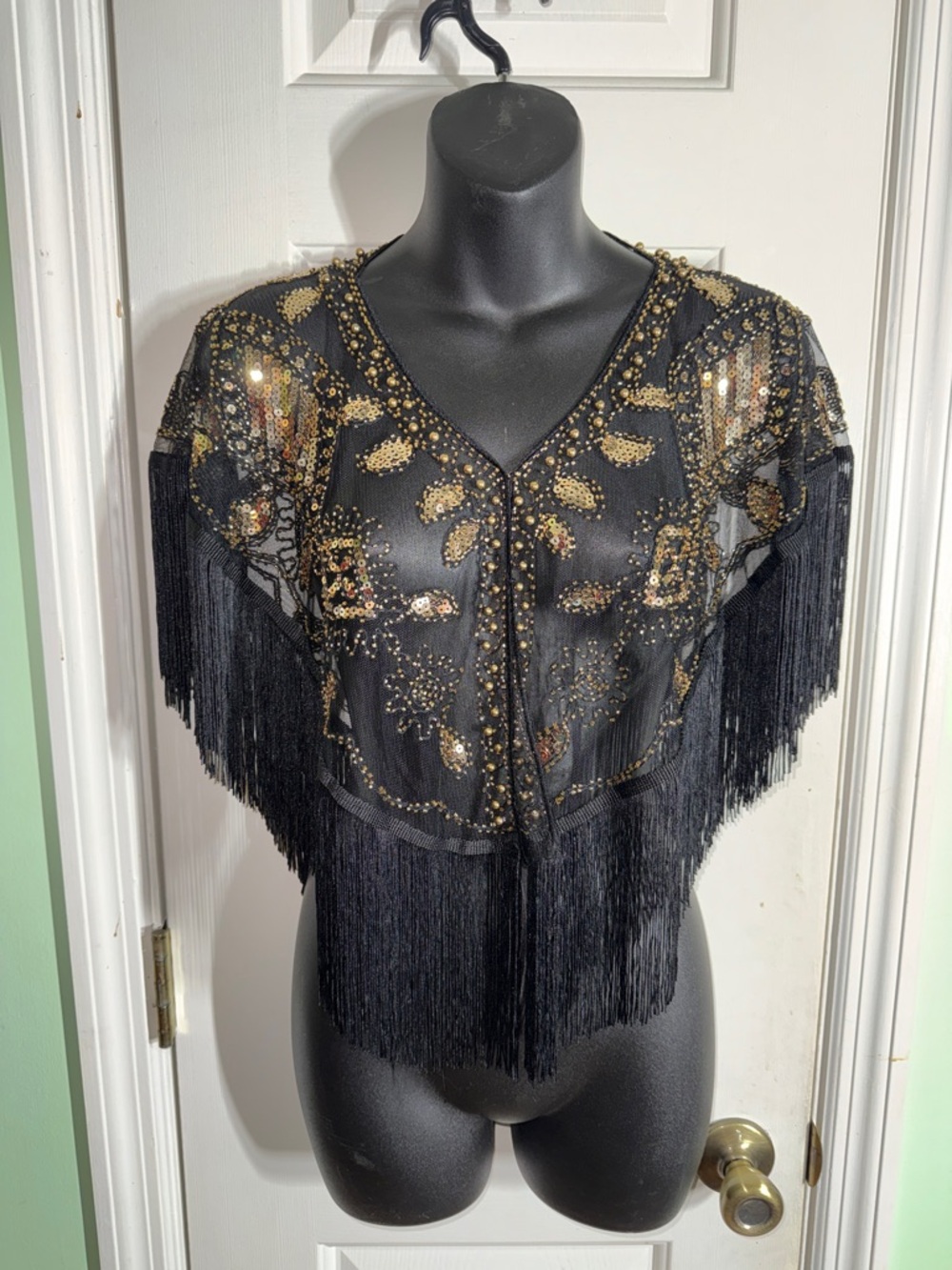 Black Beaded Gold Embellishment Fringe Sheer Capelet 1920s Gatsby One Size